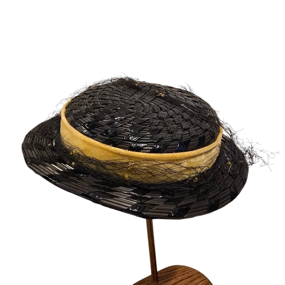 Vintage Kurt Richard New York Straw Boater Hat - Navy Hat with Yellow Ribbon - Picture 2 of 5